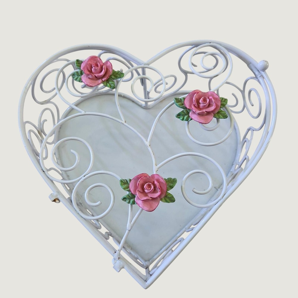 Vintage White Wire Heart Basket Pink Roses Wall Hanging Cottagecore Decor